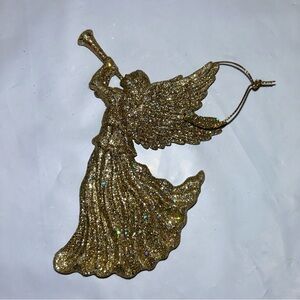 GOLD COLOR SILVER GLITTER  4” X 5” ORNAMENT Taiwan Vintage Angel Horn Blowing